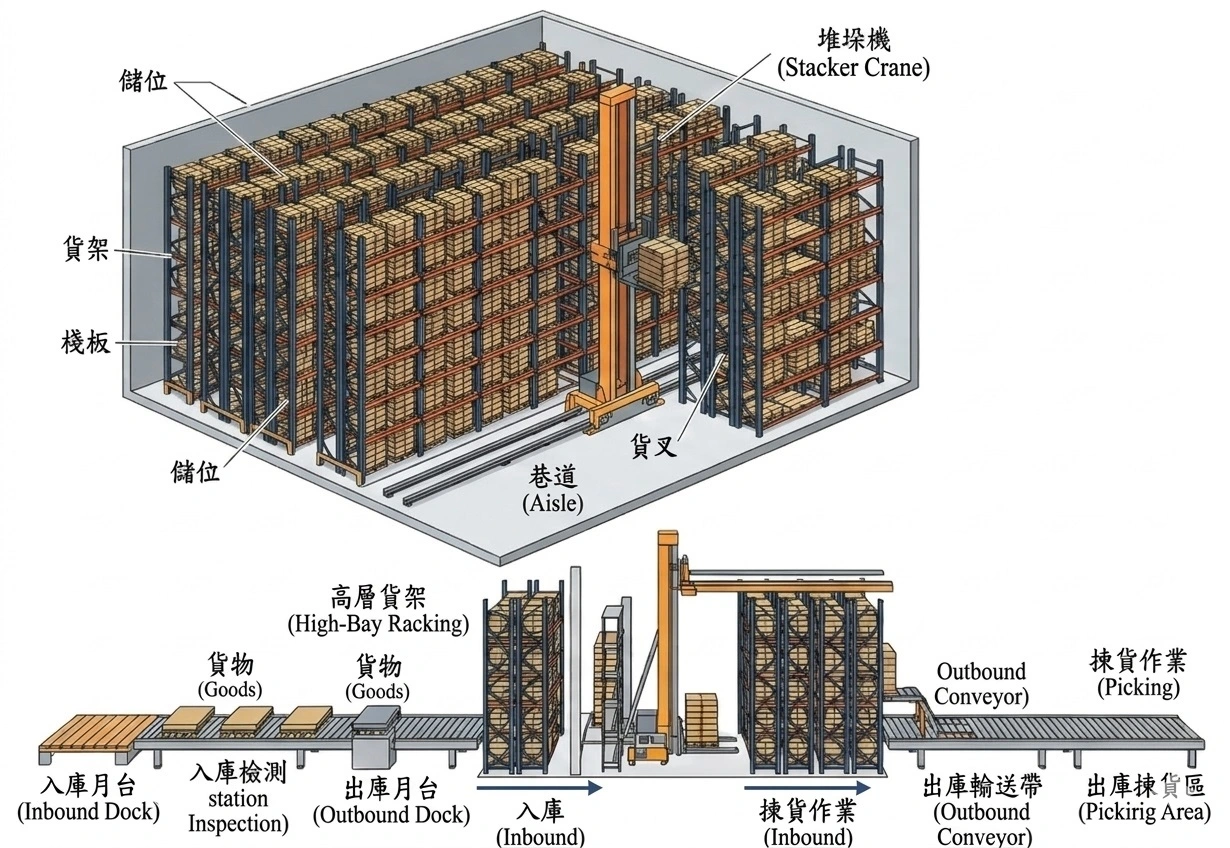 AS/RS 自動化倉儲系統示意圖，包含高層貨架、堆垛機、輸送系統，以及 ERP、WMS、WCS 與 PLC 系統整合架構。