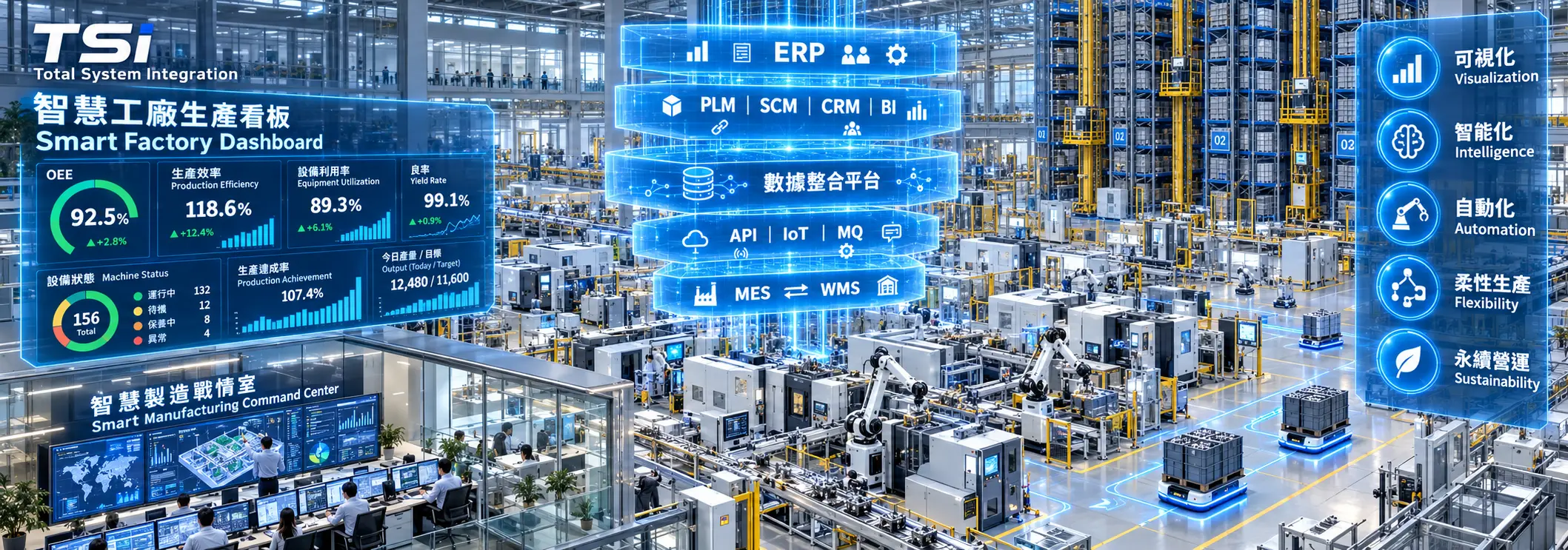 智慧工廠生產線、機械手臂、自動倉儲與智慧製造監控看板